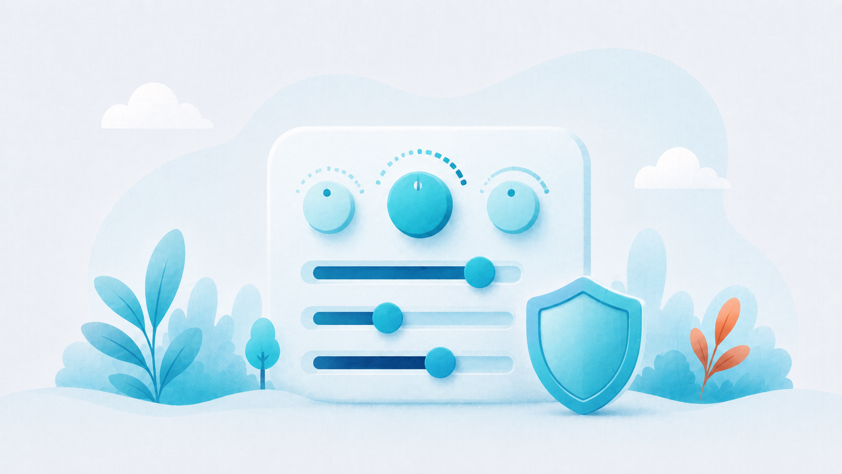 Soft dials and sliders beside a shield, representing the factors that drive cyber insurance cost