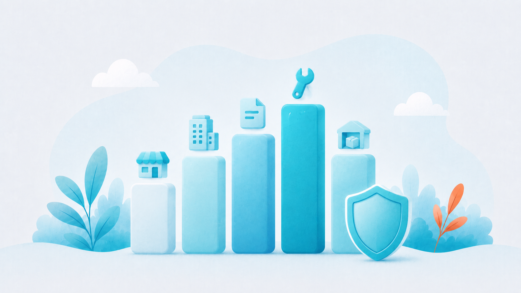 A soft bar chart of blocks topped with industry icons beside a shield, representing cyber insurance cost by industry