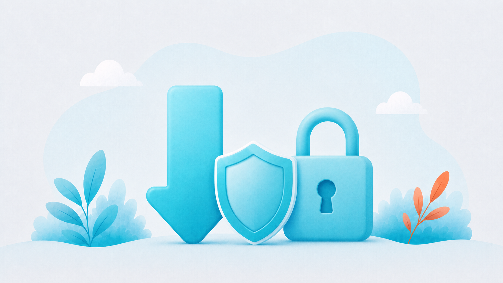 A downward arrow beside a shield and padlock, representing lowering your cyber insurance premium
