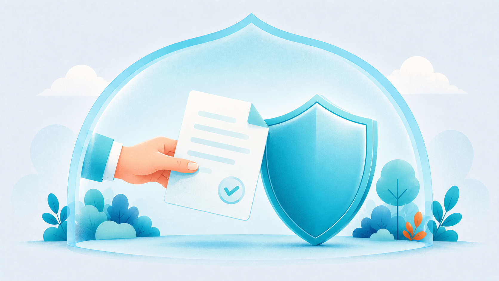 A hand gently passing a document toward a cyan shield, guided help during a claim
