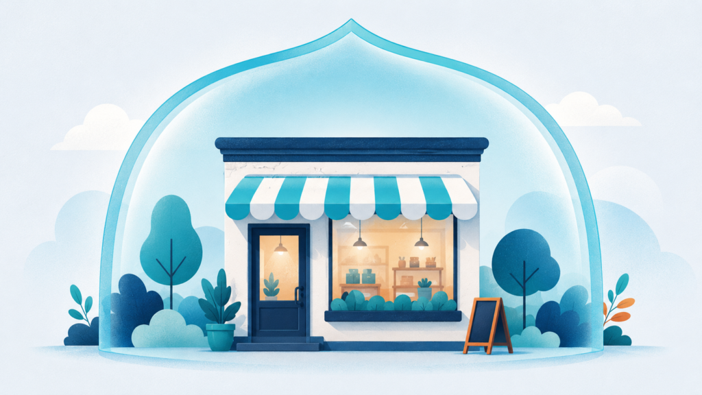 A cozy small business storefront under a soft cyan protective shield