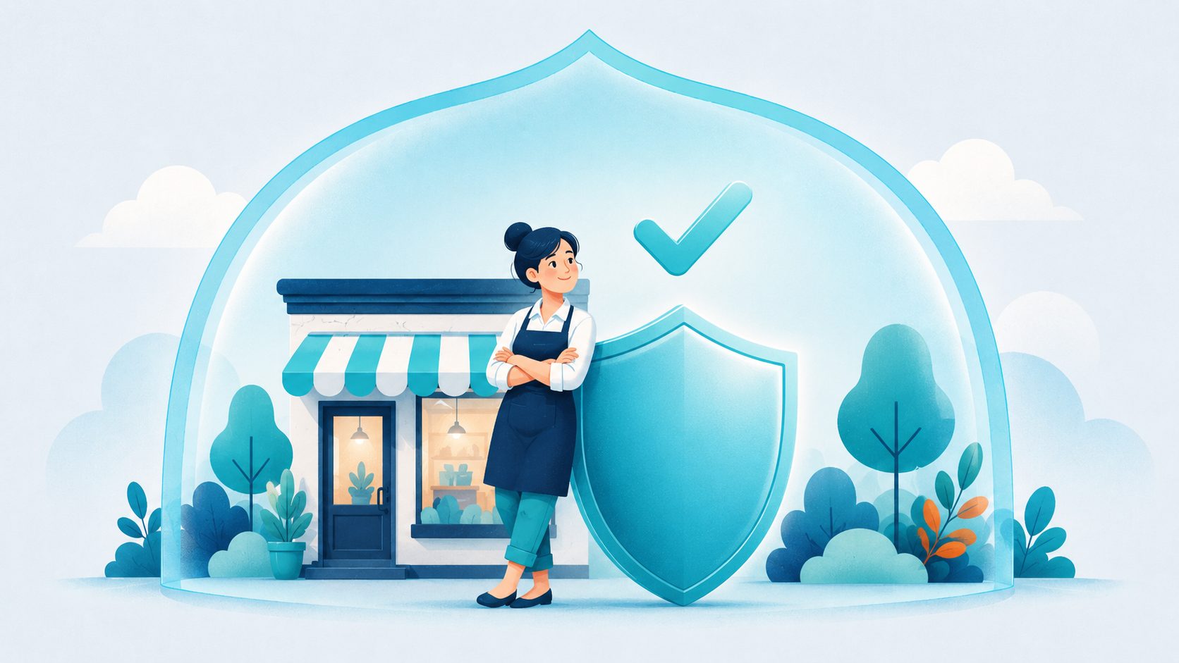 A small business owner standing calmly beside a large shield with a reassuring checkmark