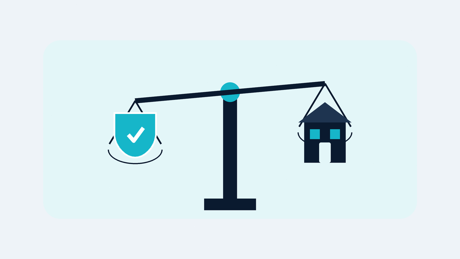 A balance scale weighing a cyan shield against a small building