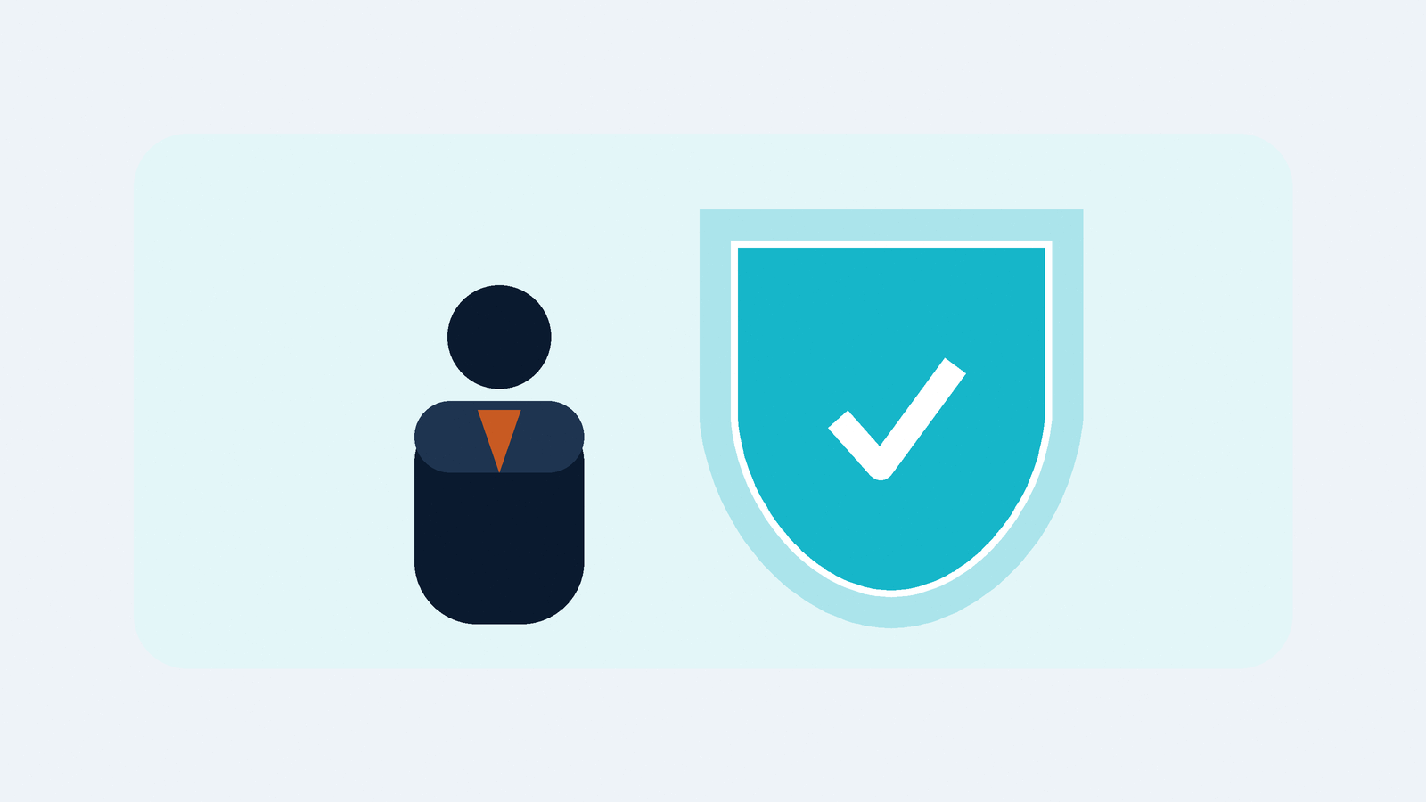 A calm small business owner standing beside a large cyan shield with a checkmark