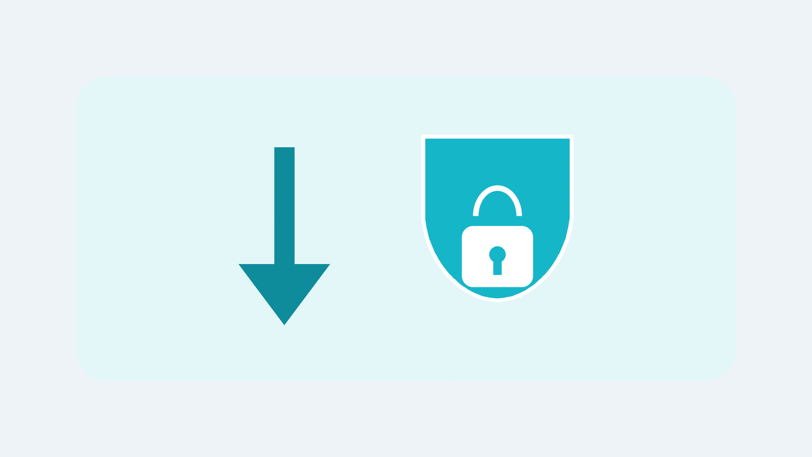 A gentle downward arrow beside a cyan shield and padlock, suggesting a lower cost