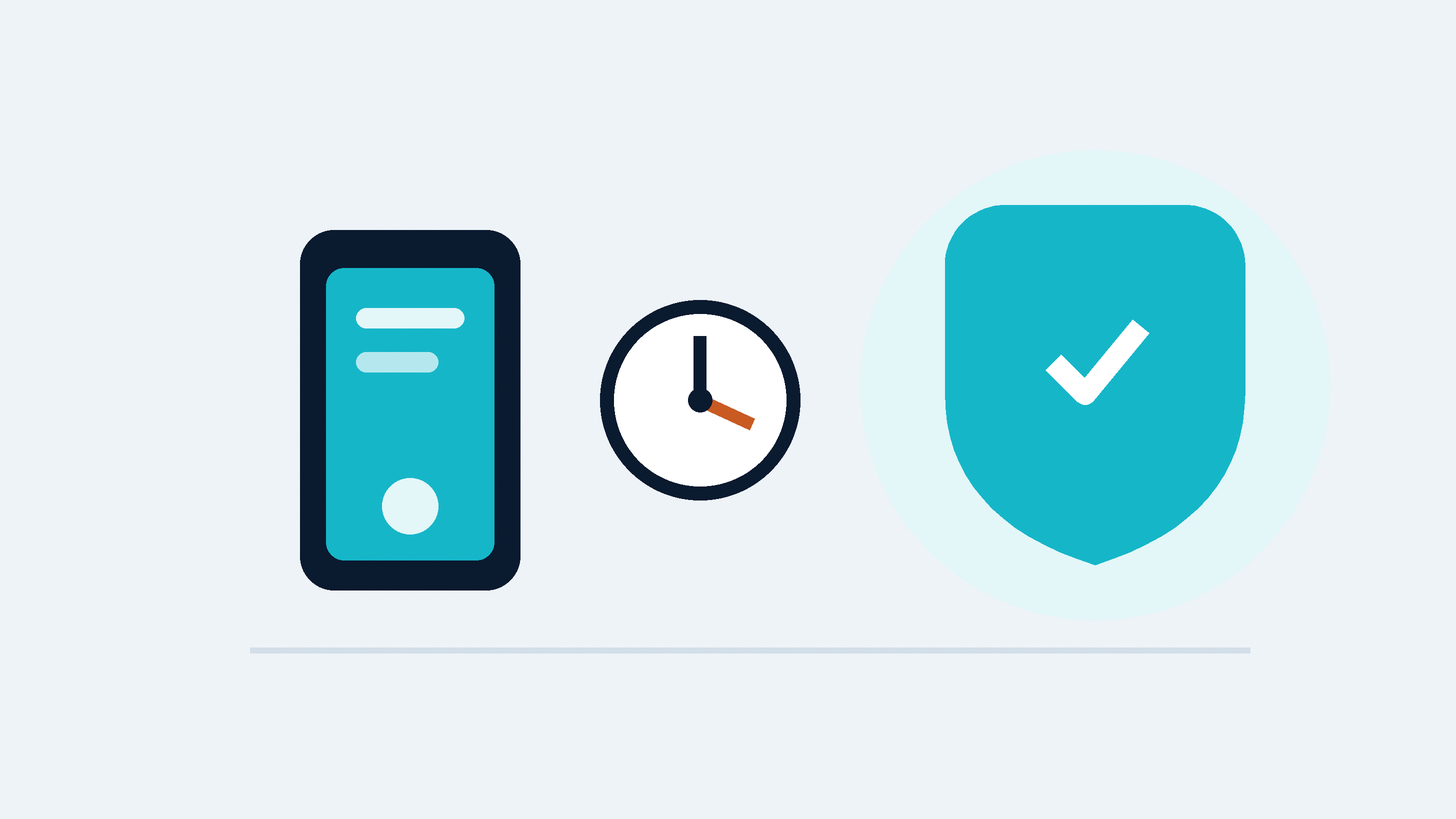 A phone and a clock beside a protective shield showing fast incident response