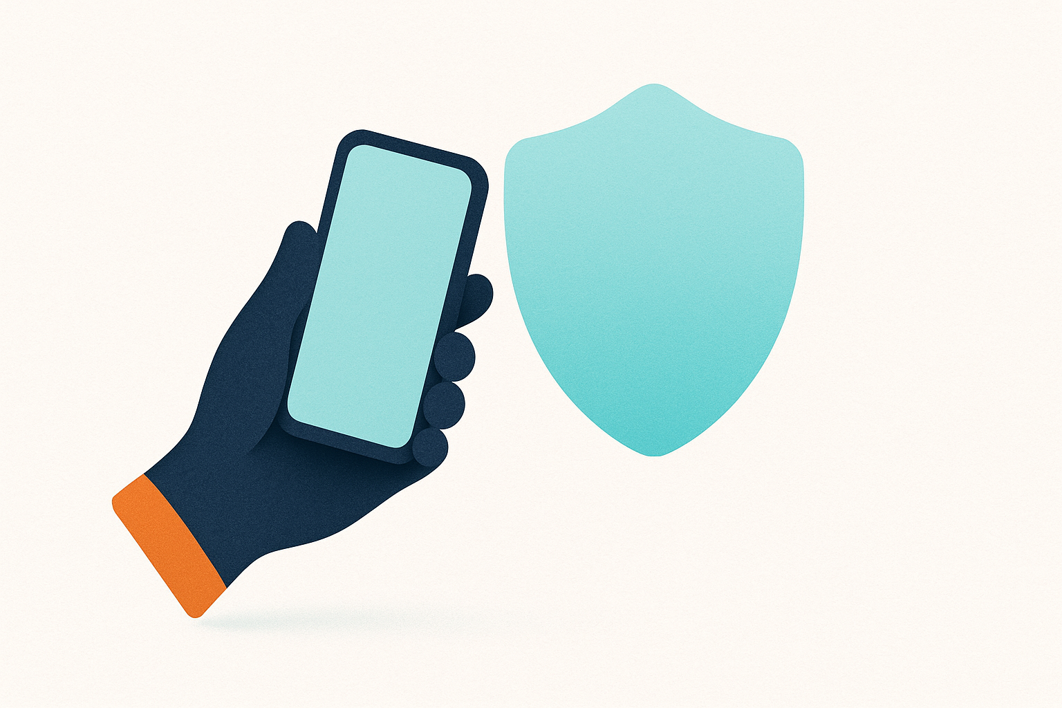 A hand holding a phone toward a shield, reaching out for help