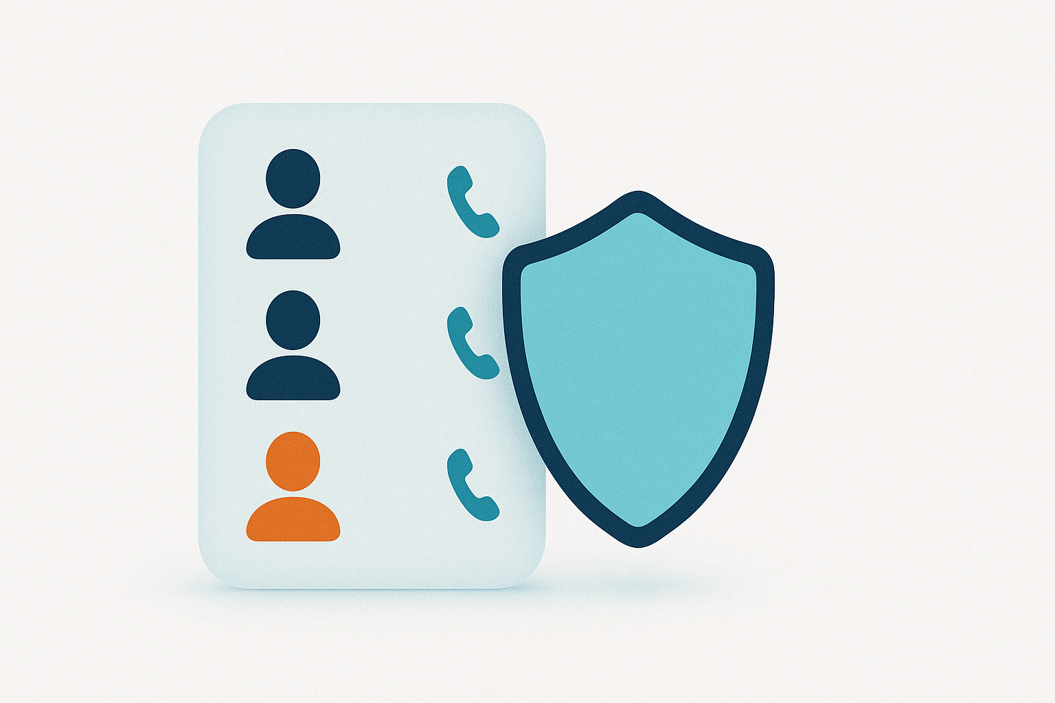 A contact list card with people and phone icons beside a shield