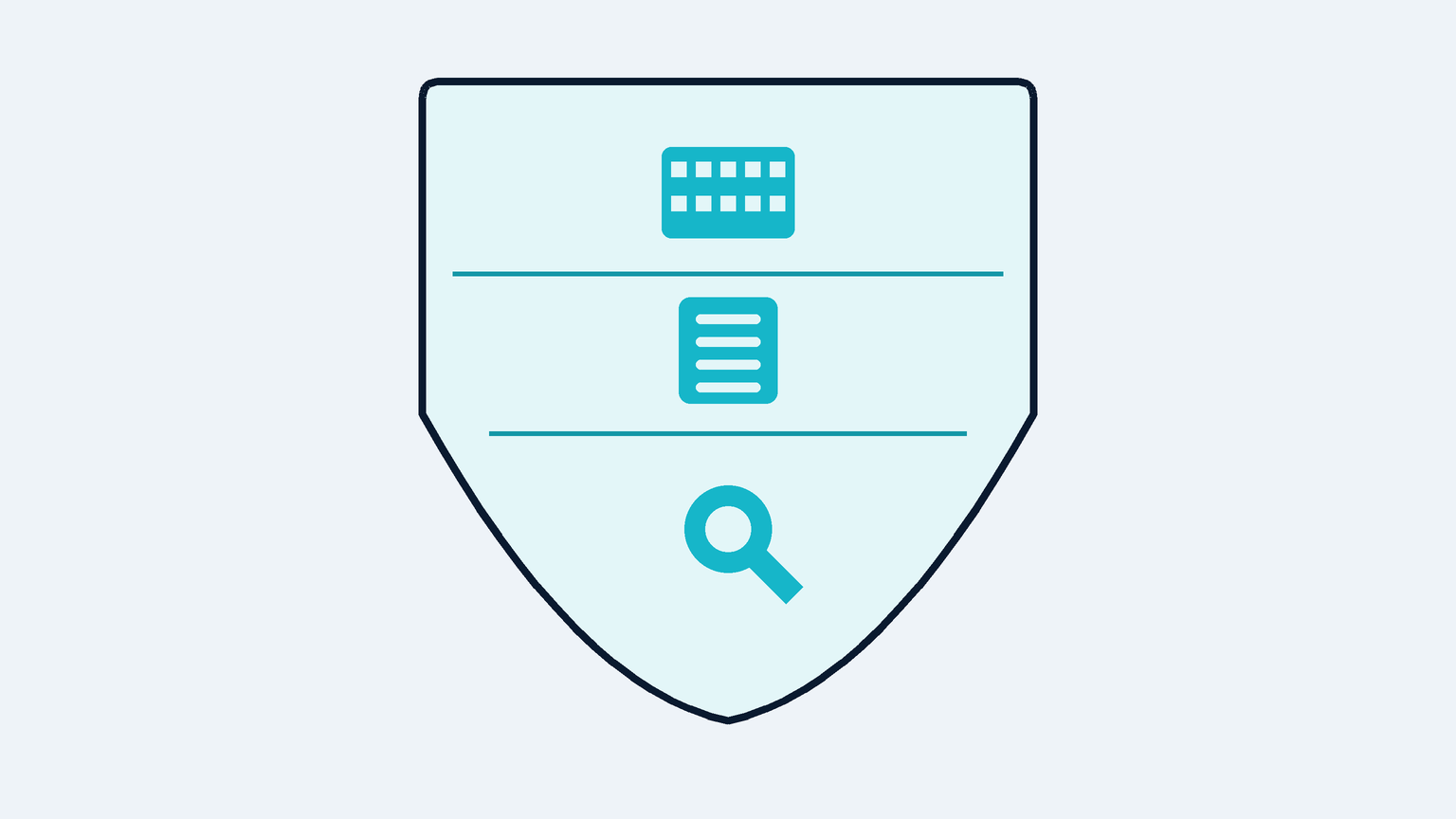A cyan shield divided into panels with a building, a document, and a magnifier icon