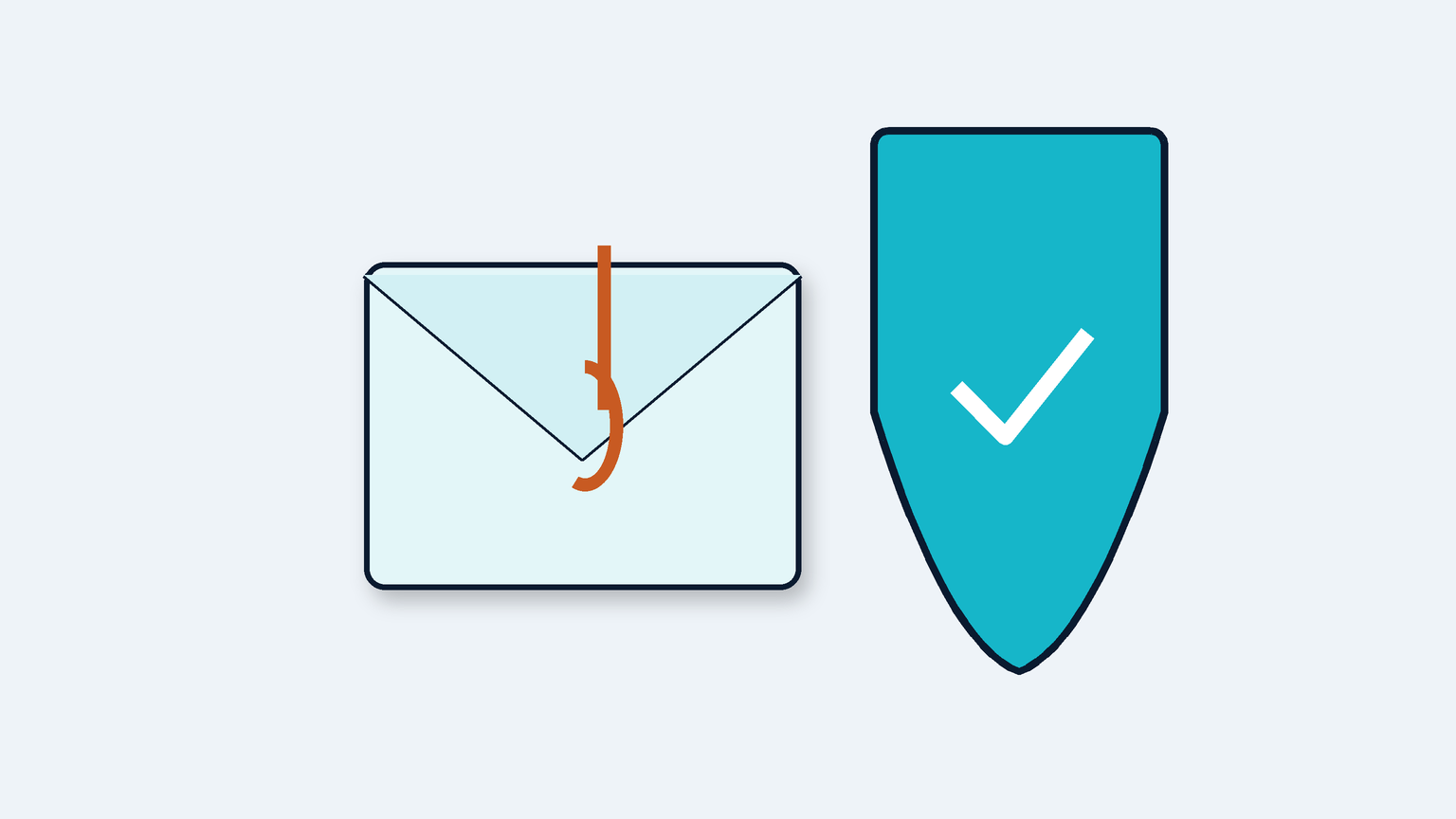 An envelope with a fraud hook calmly intercepted by a cyan shield with a checkmark