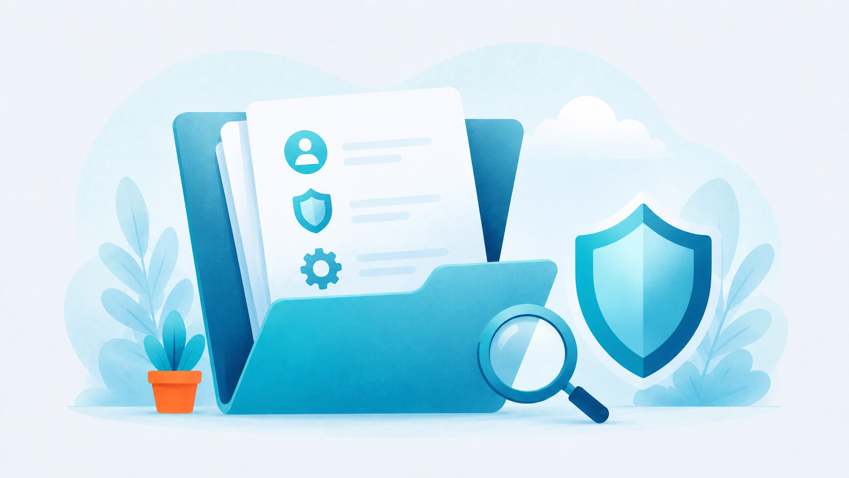 an open policy folder with a magnifier and a shield