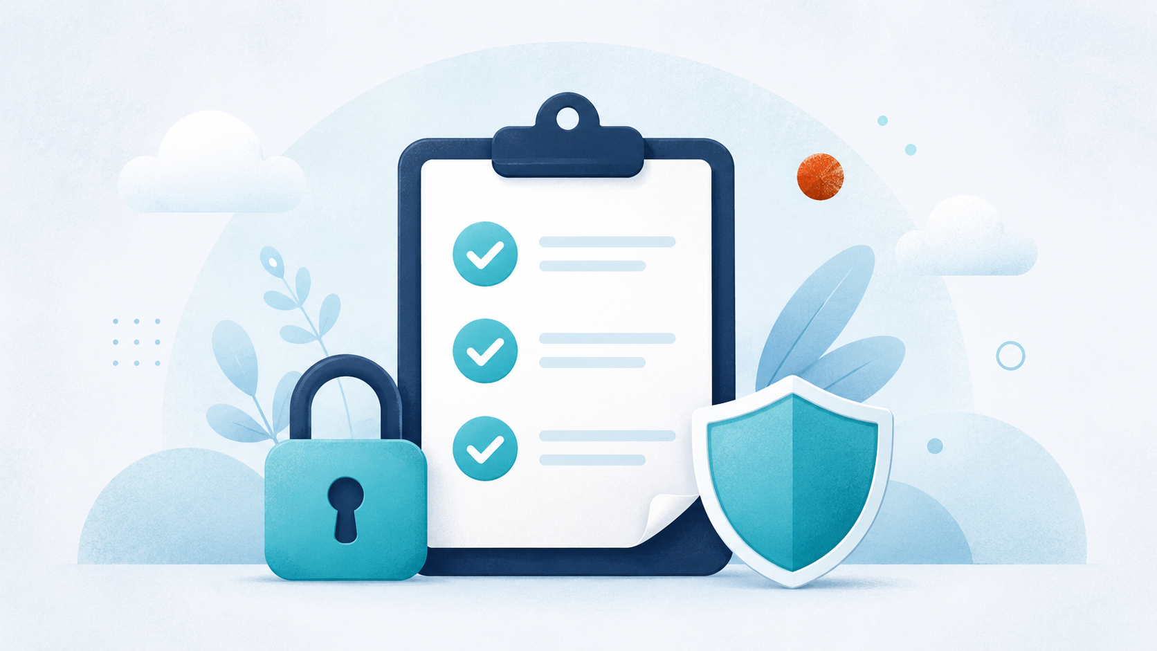 Checklist clipboard with a padlock and shield for security controls