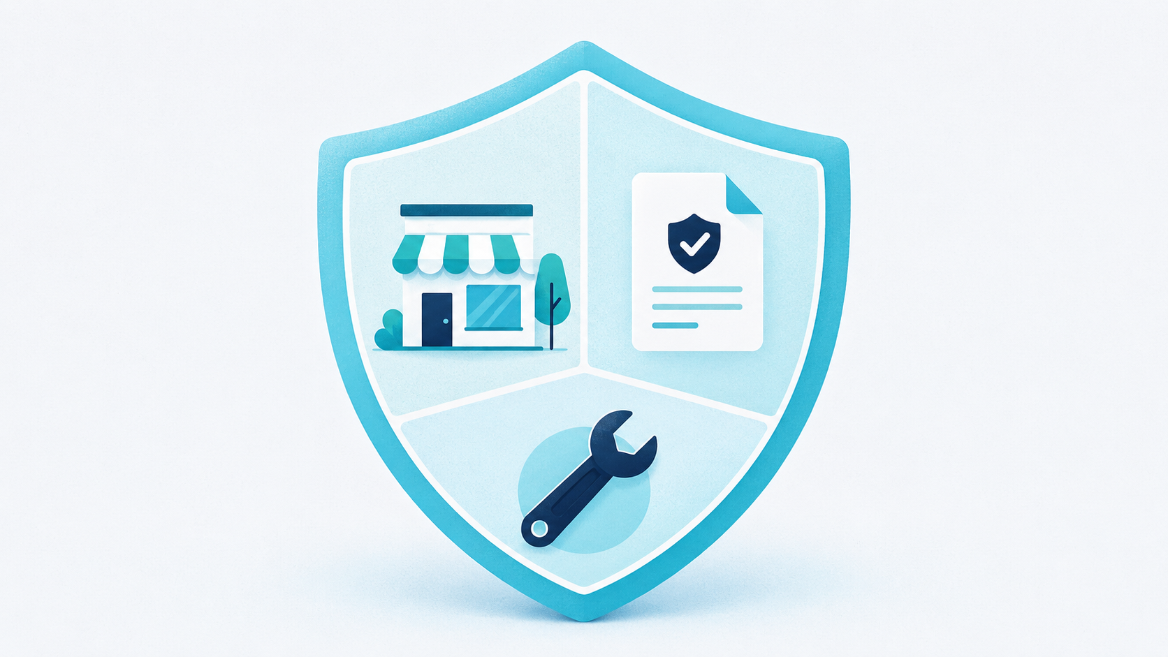 A shield divided into panels holding a building, a document and a wrench icon