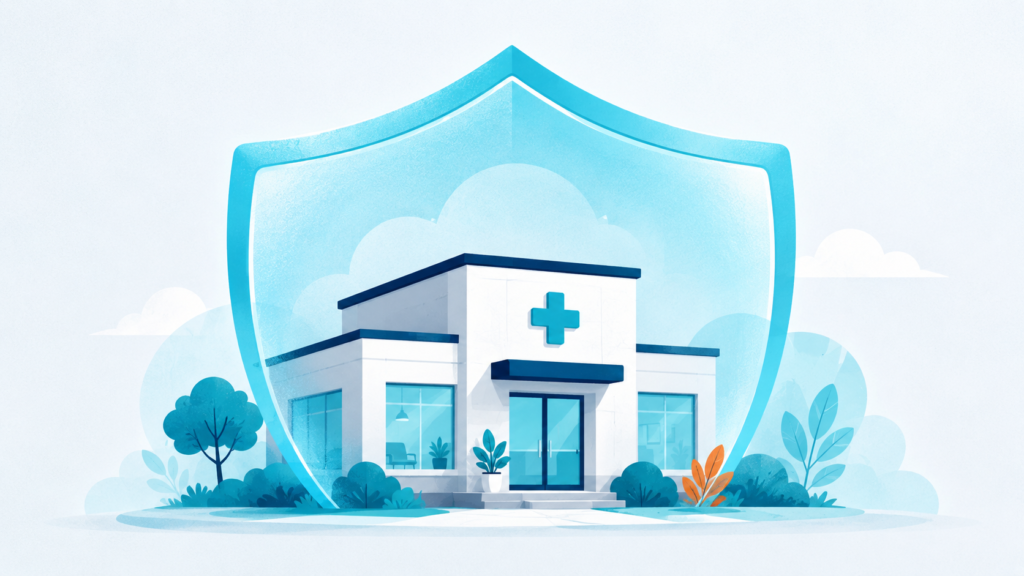 A small medical clinic building under a protective cyan shield