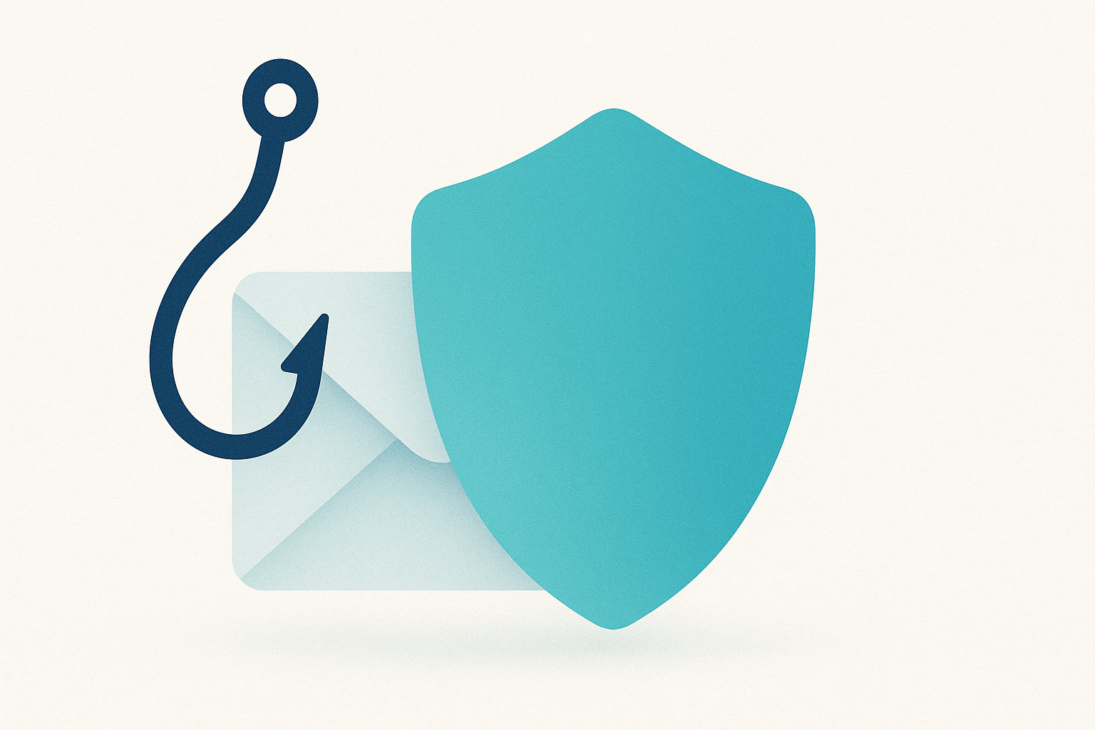 A phishing email with a hook shape held back by a protective cyan shield