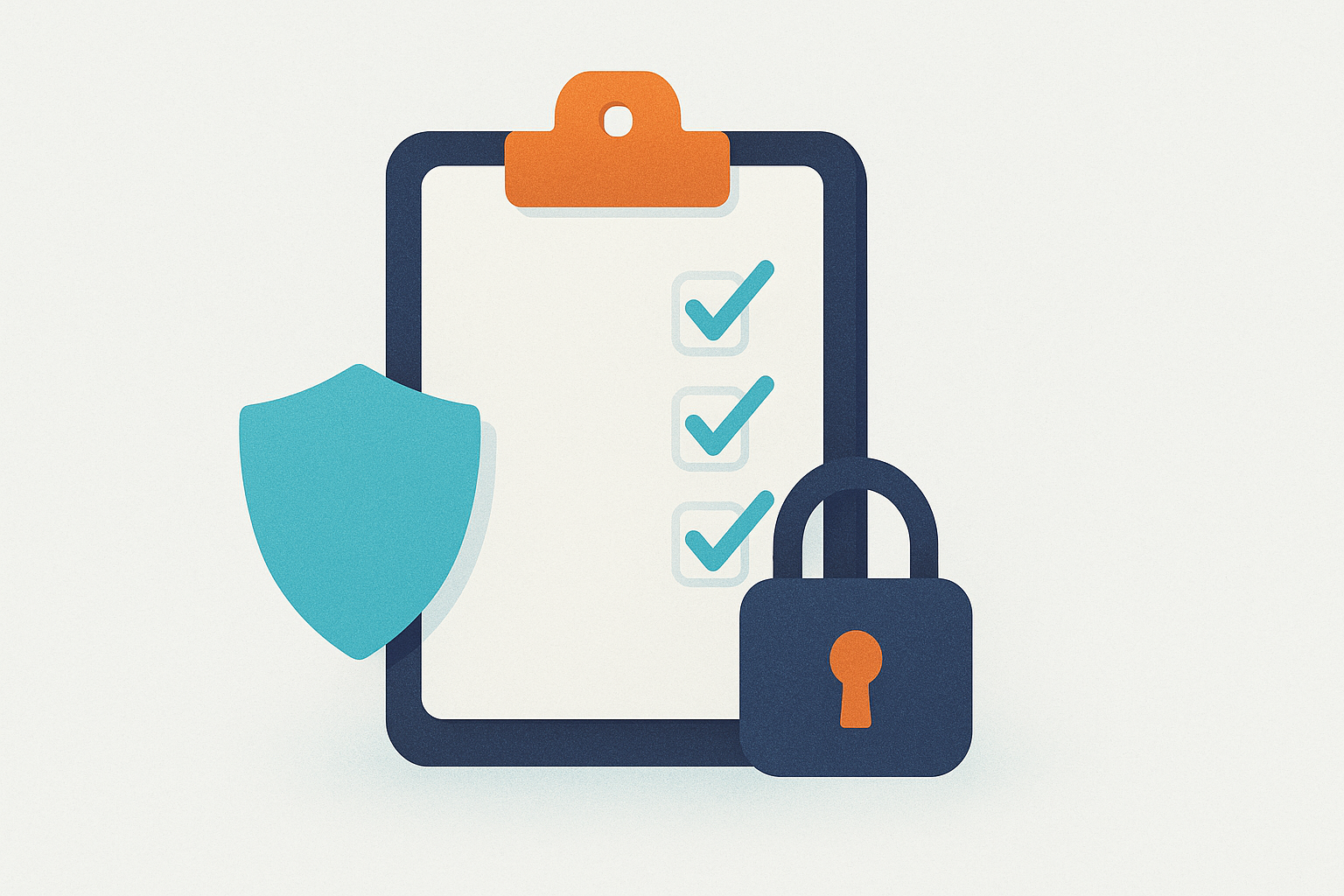 A checklist clipboard with checkmarks beside a padlock and a cyan shield