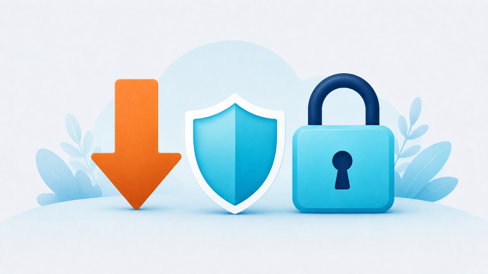 A downward arrow beside a cyan shield and a padlock showing a lower premium