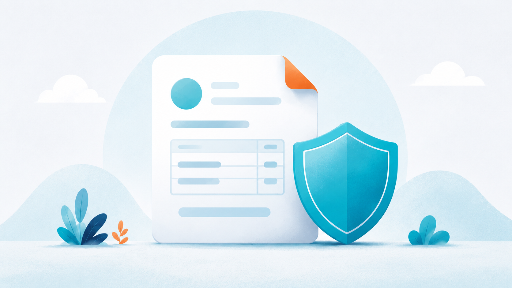 A document beside a calm cyan shield showing a cost being safely covered