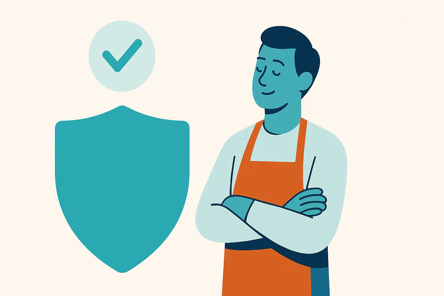 A calm small business owner standing beside a shield with a checkmark