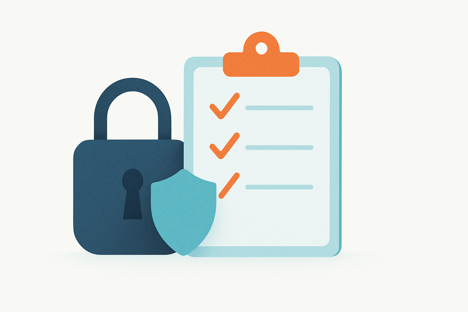 A checklist clipboard beside a padlock and a small cyan shield