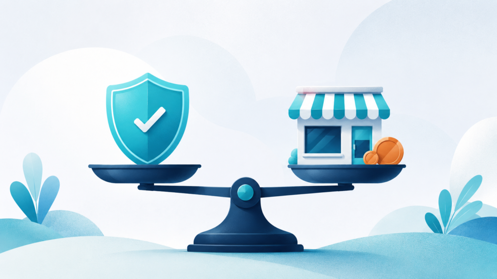 A balance scale weighing a cyan security shield against a small storefront with coins