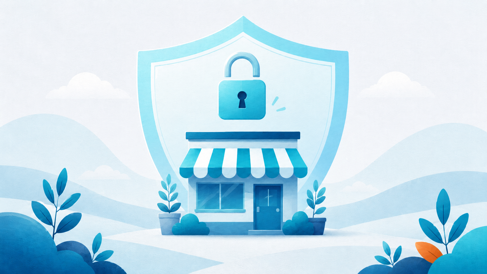 A small storefront resting under a protective shield, illustrating cyber protection for a small business