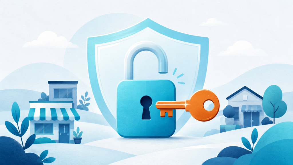 A calm padlock opening with a key and a protective shield illustrating ransomware insurance