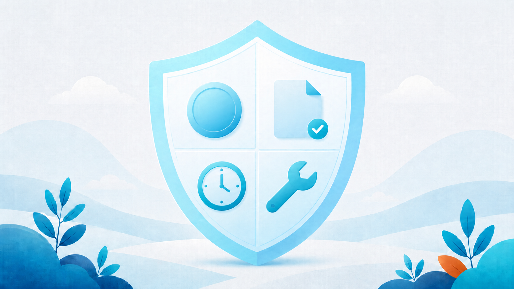 A shield divided into panels holding a coin, document, clock and wrench, showing the different costs ransomware insurance covers
