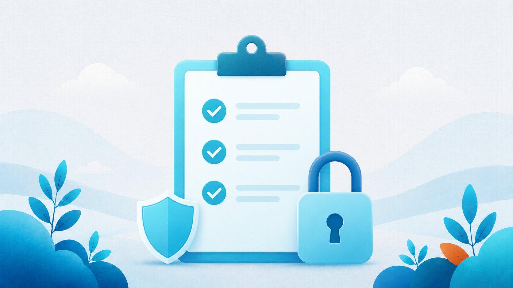 A readiness checklist beside a padlock and shield, showing the security controls insurers require