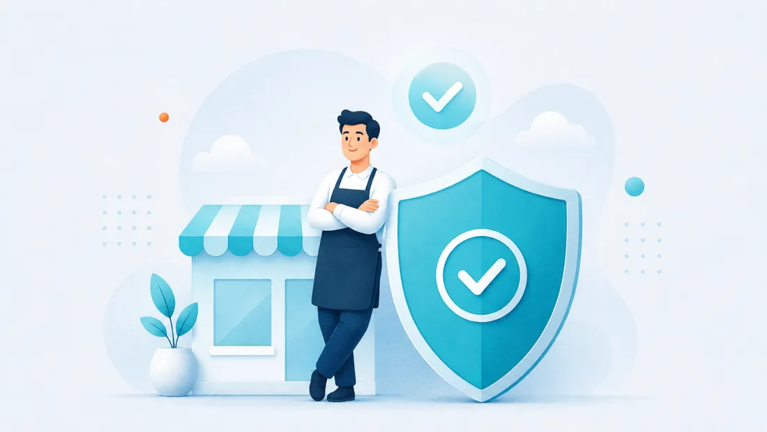 Business owner standing beside a shield with a checkmark
