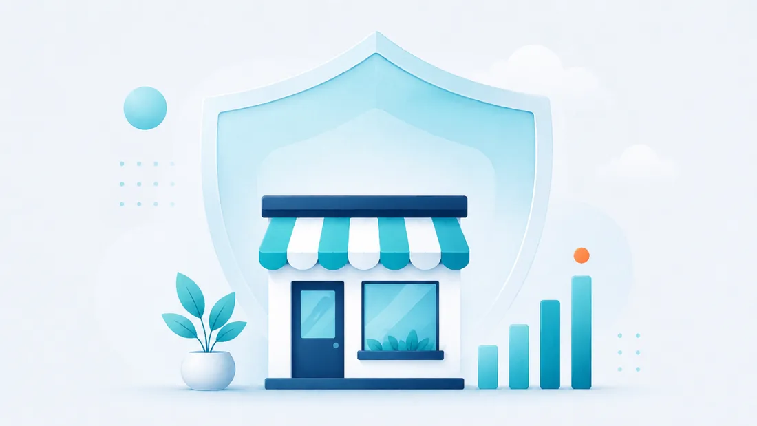 Small storefront under a soft shield beside simple chart bars